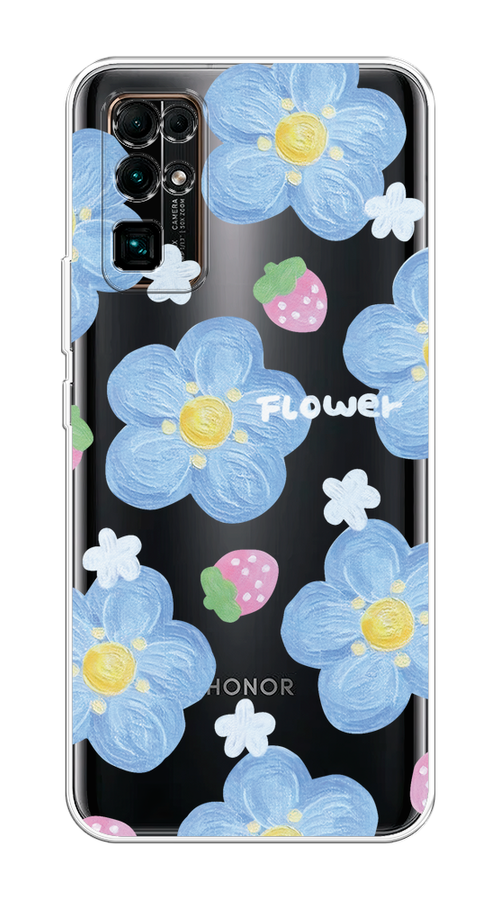 

Чехол на Honor 30 "Цветы и клубники", Прозрачный;голубой;белый, 612150-1
