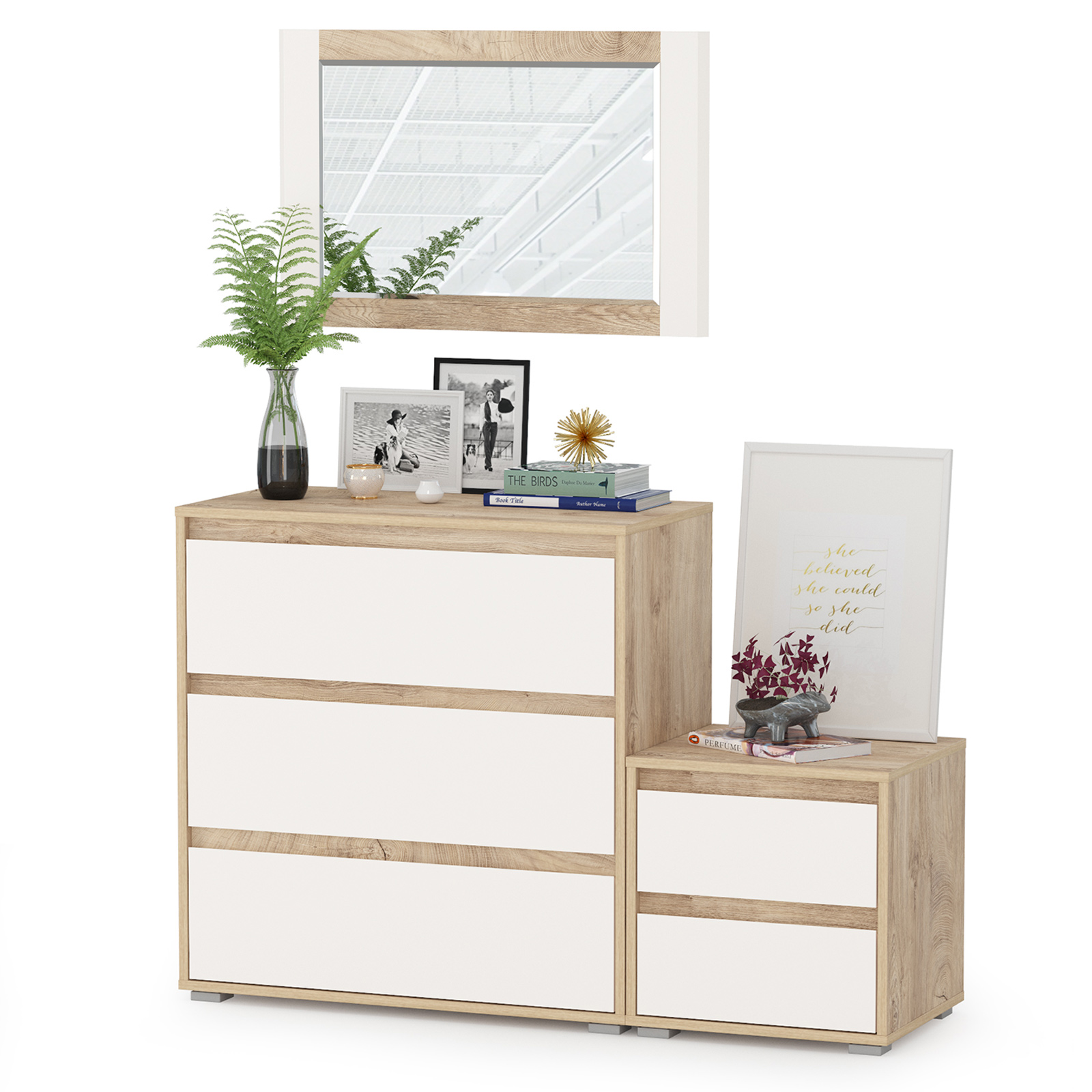 

Тумба с комодом и зеркалом Mobi Лея дуб эндгрейн элегантный/миндаль, 123,2х40,2х153 см, 13.298+13.288+15.29