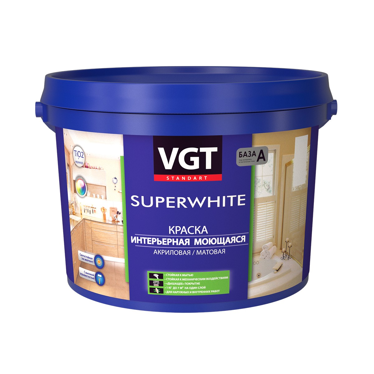 Краска интерьерная моющаяся VGT ВД-АК-1180, матовая, база A, белая, 6 кг