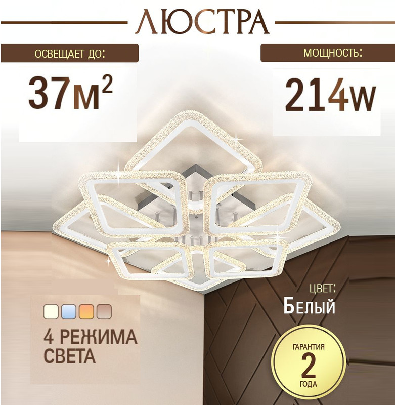 Люстра потолочная светодиодная SVK с пультом, белая, квадраты, 214W