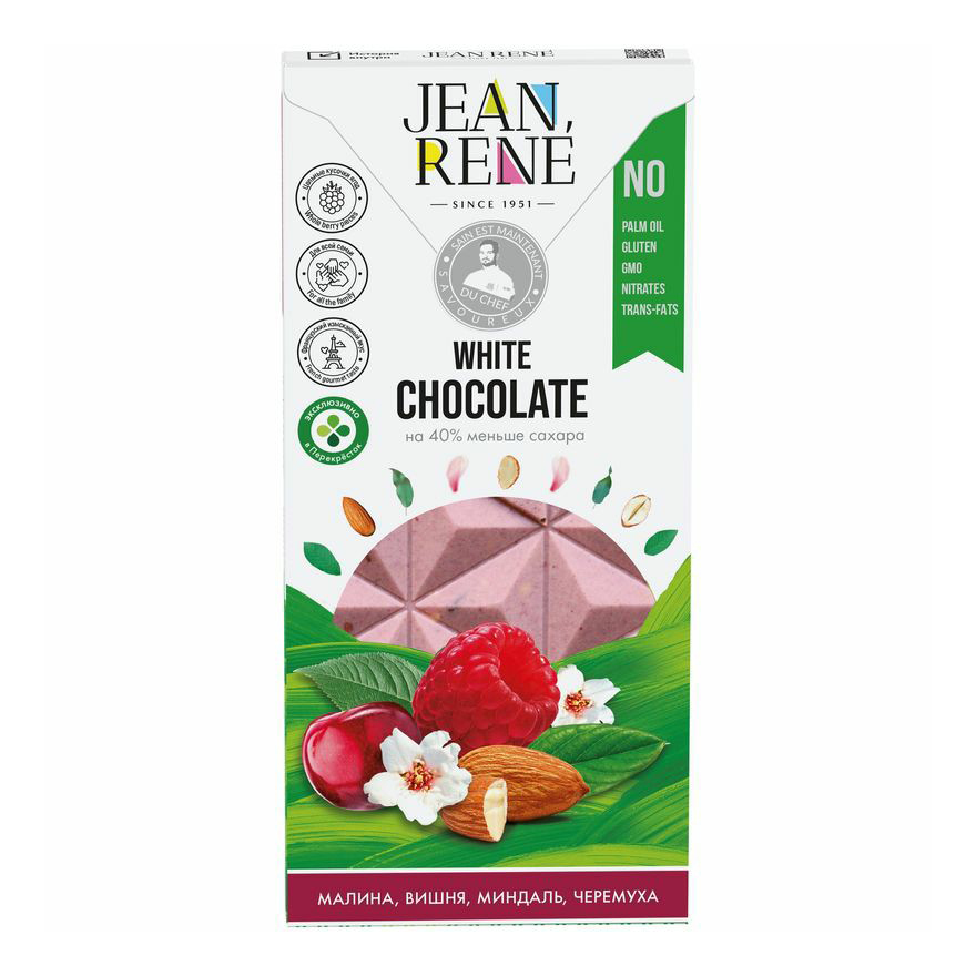 Шоколад Jean Rene белый малина-вишня-черемуха-миндаль с пониженным содержанием сахара 80 г