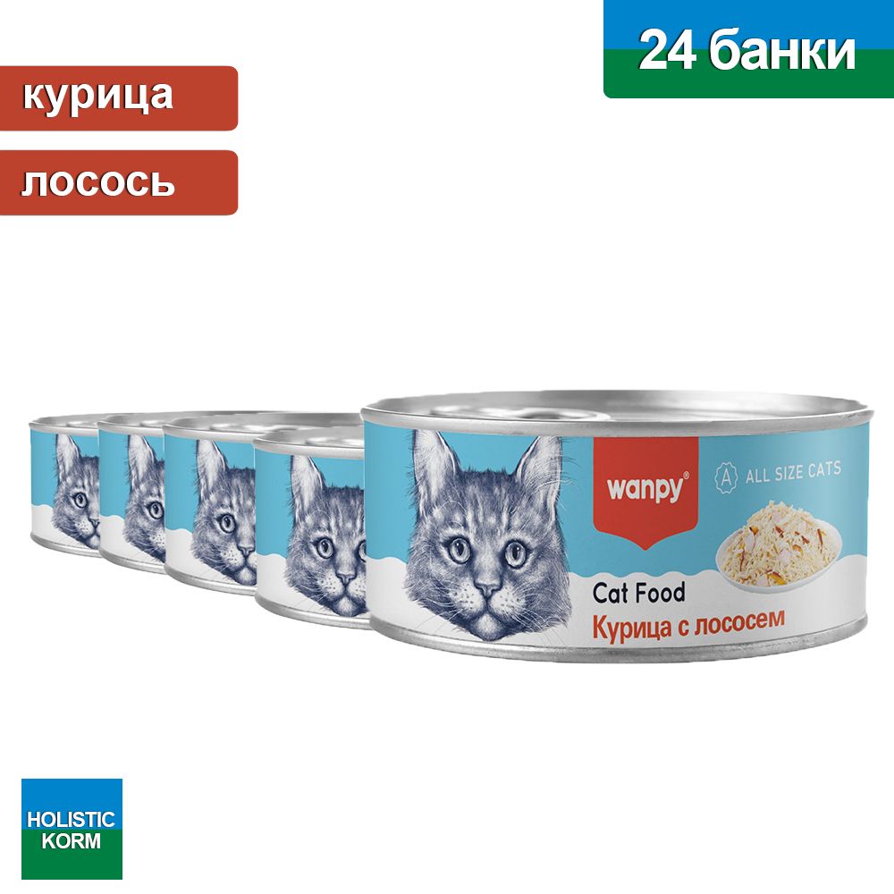 Консервы для кошек Wanpy Cat, кусочки курицы и лосось, 24 шт по 95 г