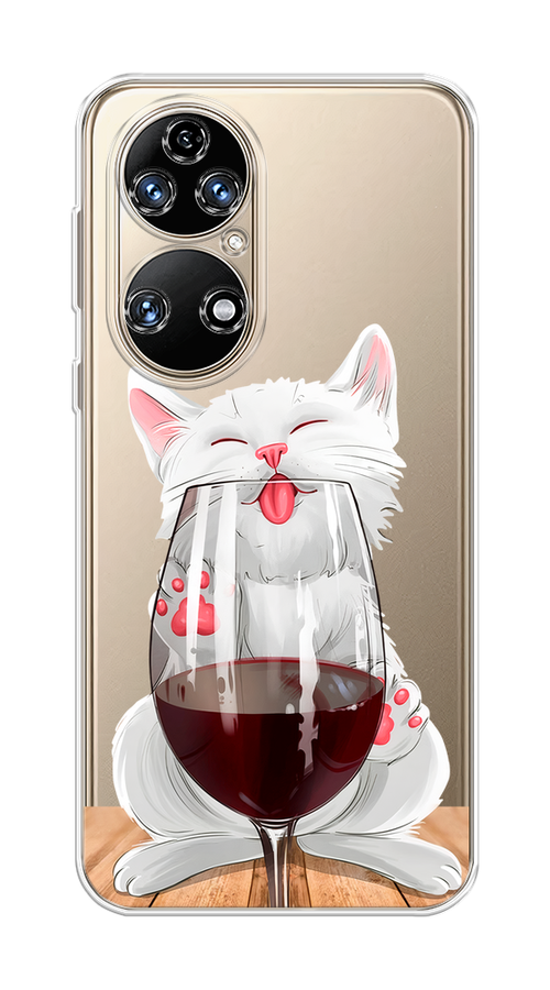 

Чехол на Huawei P50 "Кот с бокалом", Прозрачный;белый;красный, 6104950-1