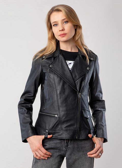 фото Кожаная куртка женская каляев 47859 черная 50 ru