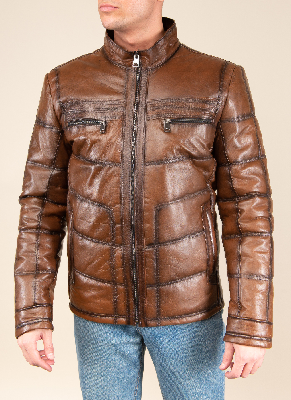 фото Кожаная куртка мужская каляев 49903 коричневая 44 ru
