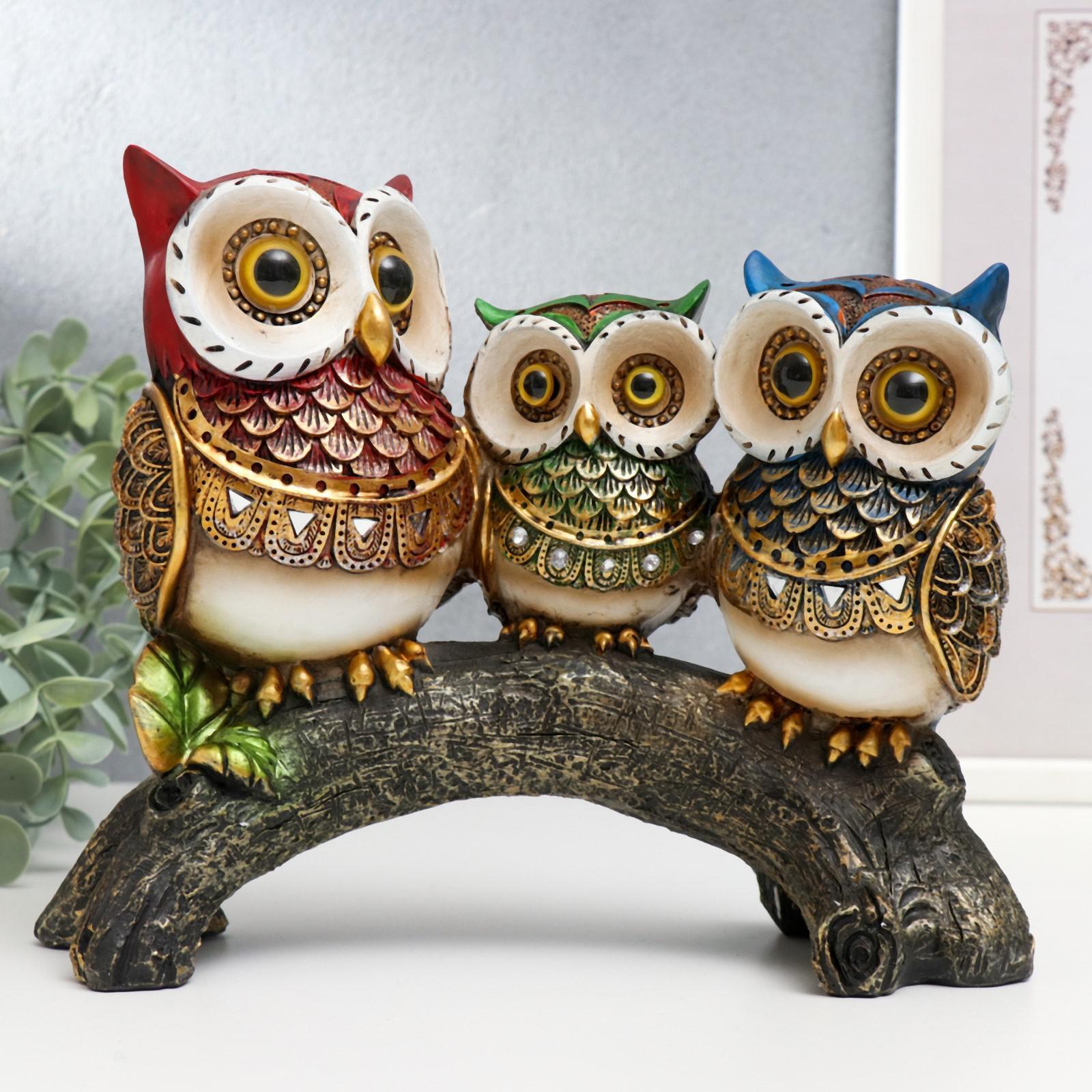 

Сувенир полистоун Три цветных филина со стразами на ветке 18,8х10х23,5 см, Коричневый