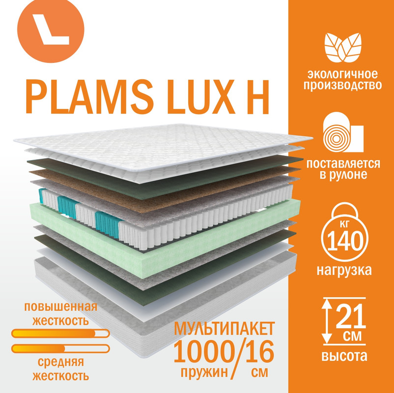 

Матрас пружинный Plams LUX H 140х180, Белый, Plams LUX H