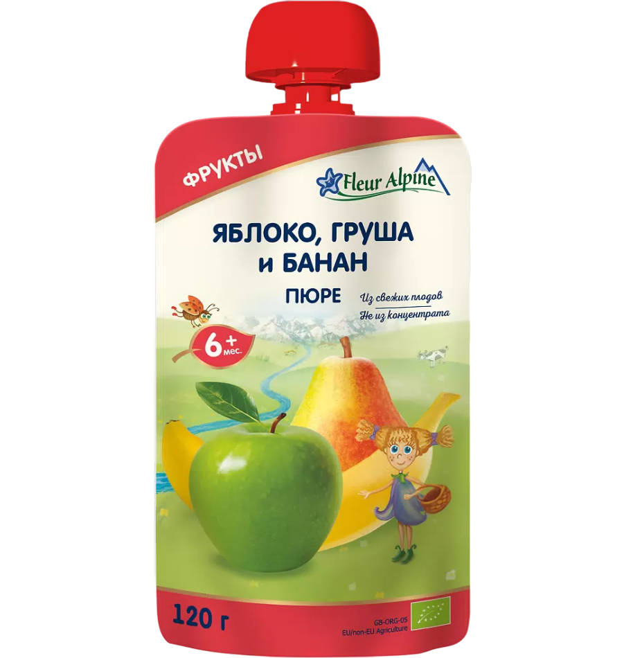 Пюре фруктовое Fleur Alpine из яблок, груш и бананов с 6 месяцев, 6*120 г