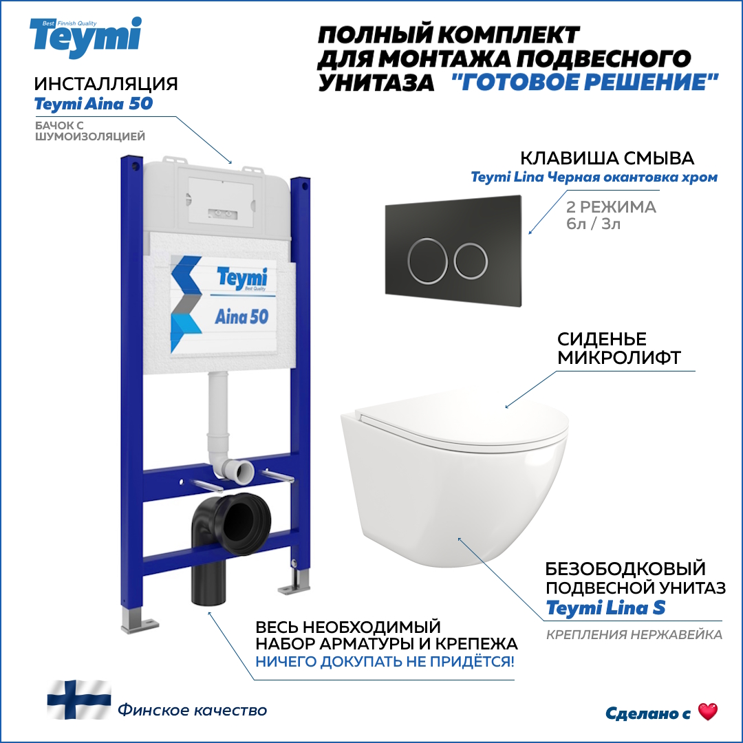 

Инсталляция с унитазом комплект 5 в 1 Teymi унитаз подвесной кнопка черная / хром F13417, Lina S F13417