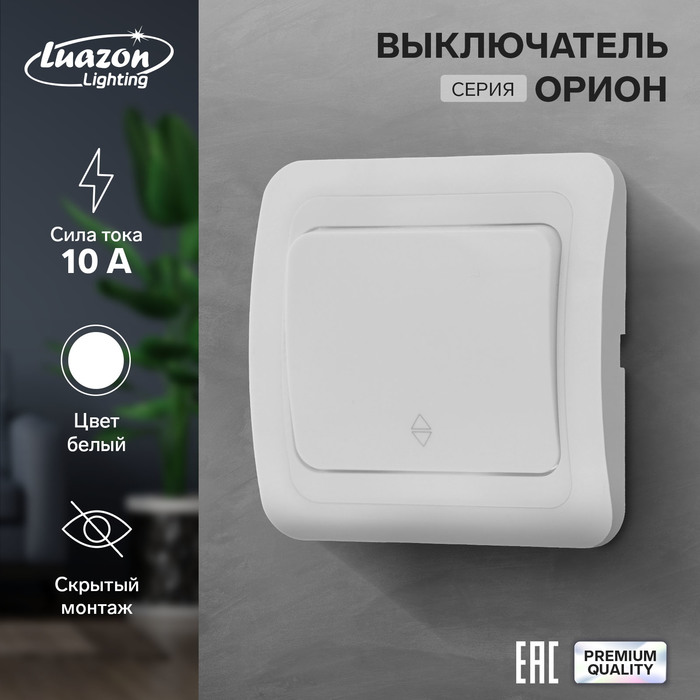 Выключатель проходной Luazon Lighting Орион, 10 А, 1 клавиша, скрытый, белый