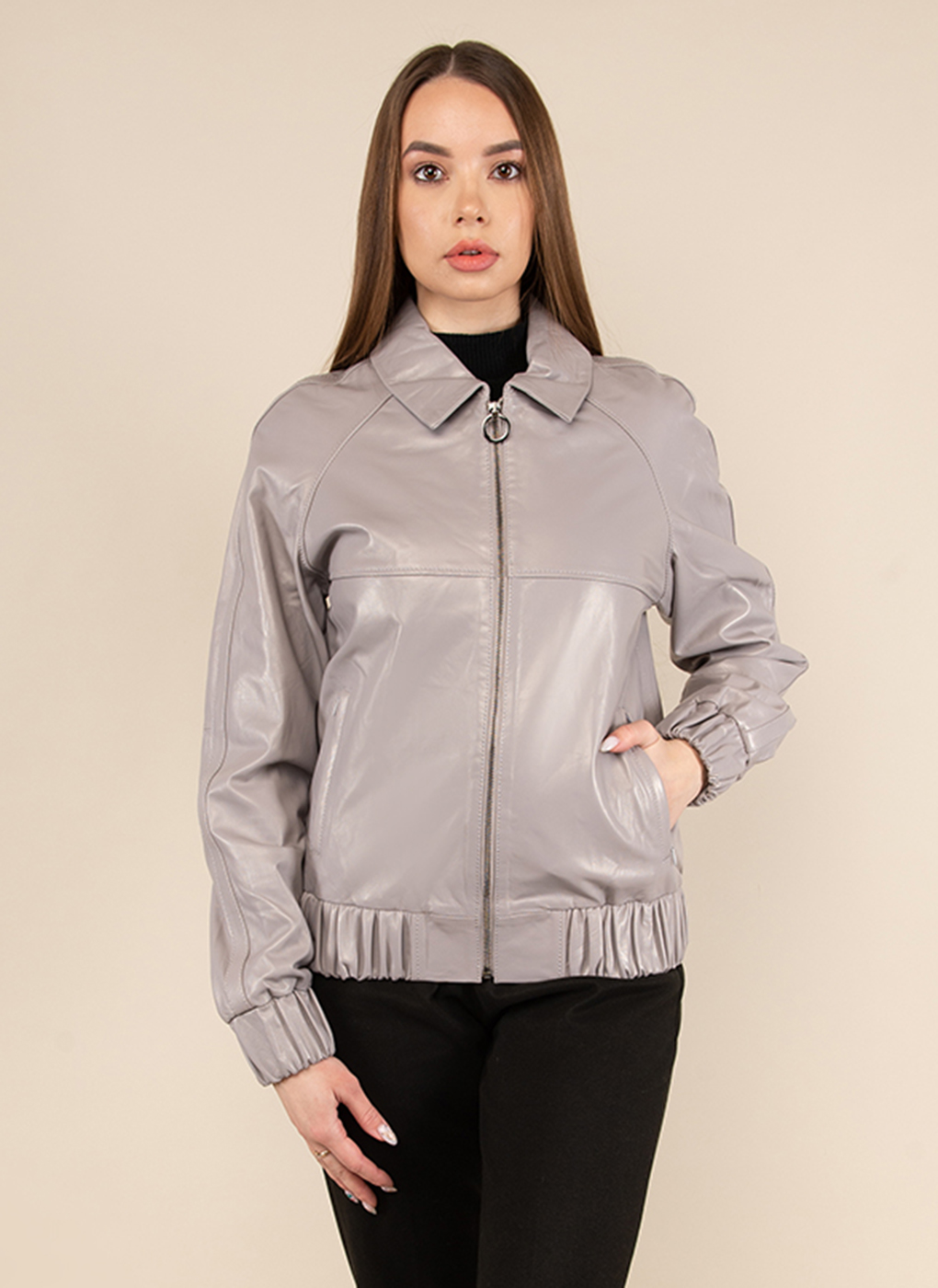 Кожаная куртка женская Каляев 52077 бежевая 42 RU