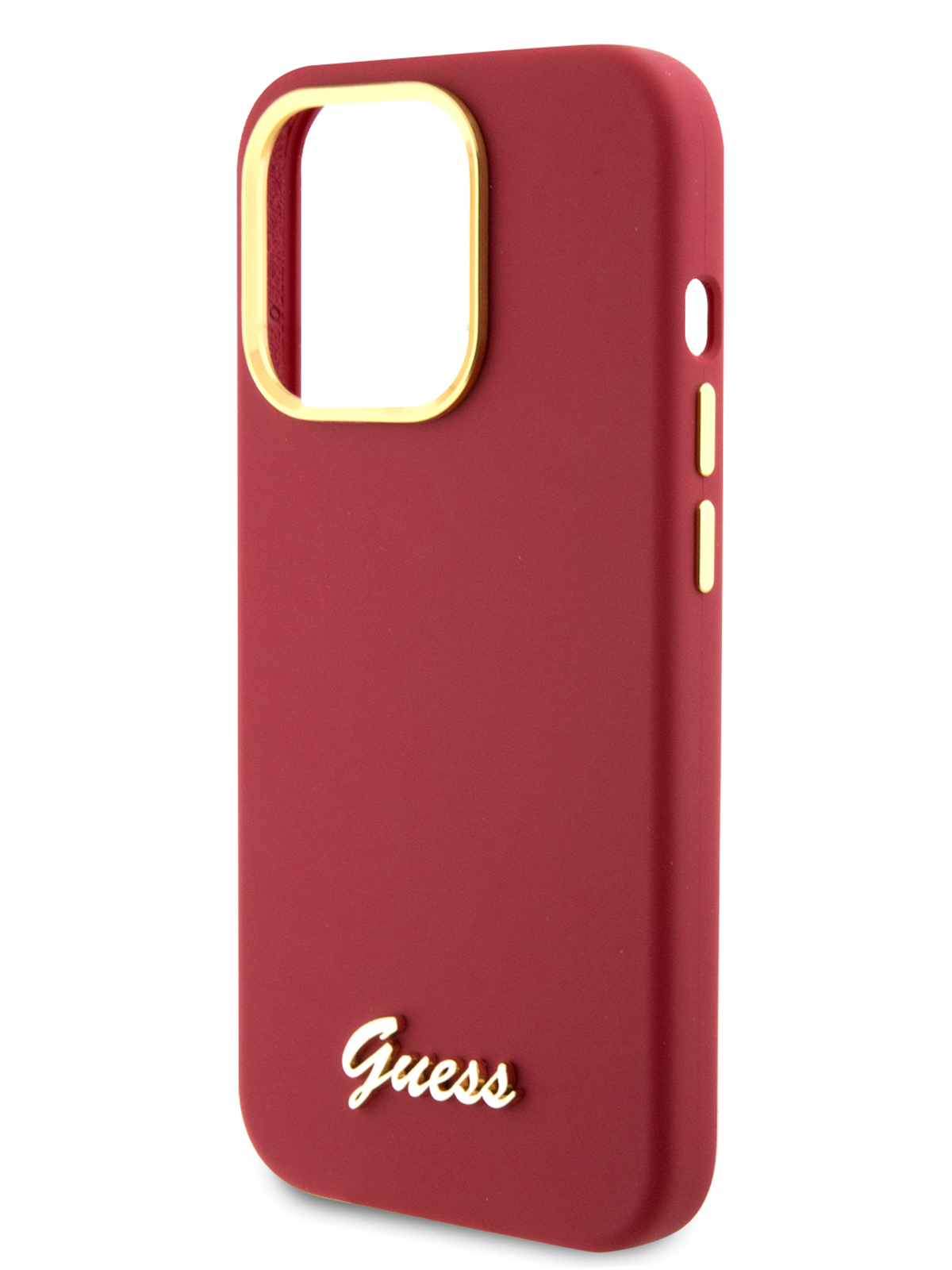 

Чехол Guess для iPhone 15 Pro силиконовый Soft-touch Gold metal logo, пурпурный, Красный