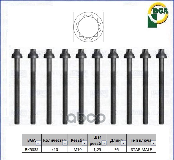 фото К-кт болтов гбц 10шт mitsubishi galant/carisma 1.6/1.8 4g92/4g93 92> bga bk5335