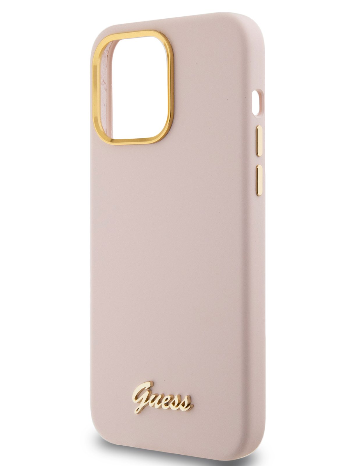 Чехол Guess для iPhone 15 Pro Max силиконовый Soft-touch Gold metal logo, розовый