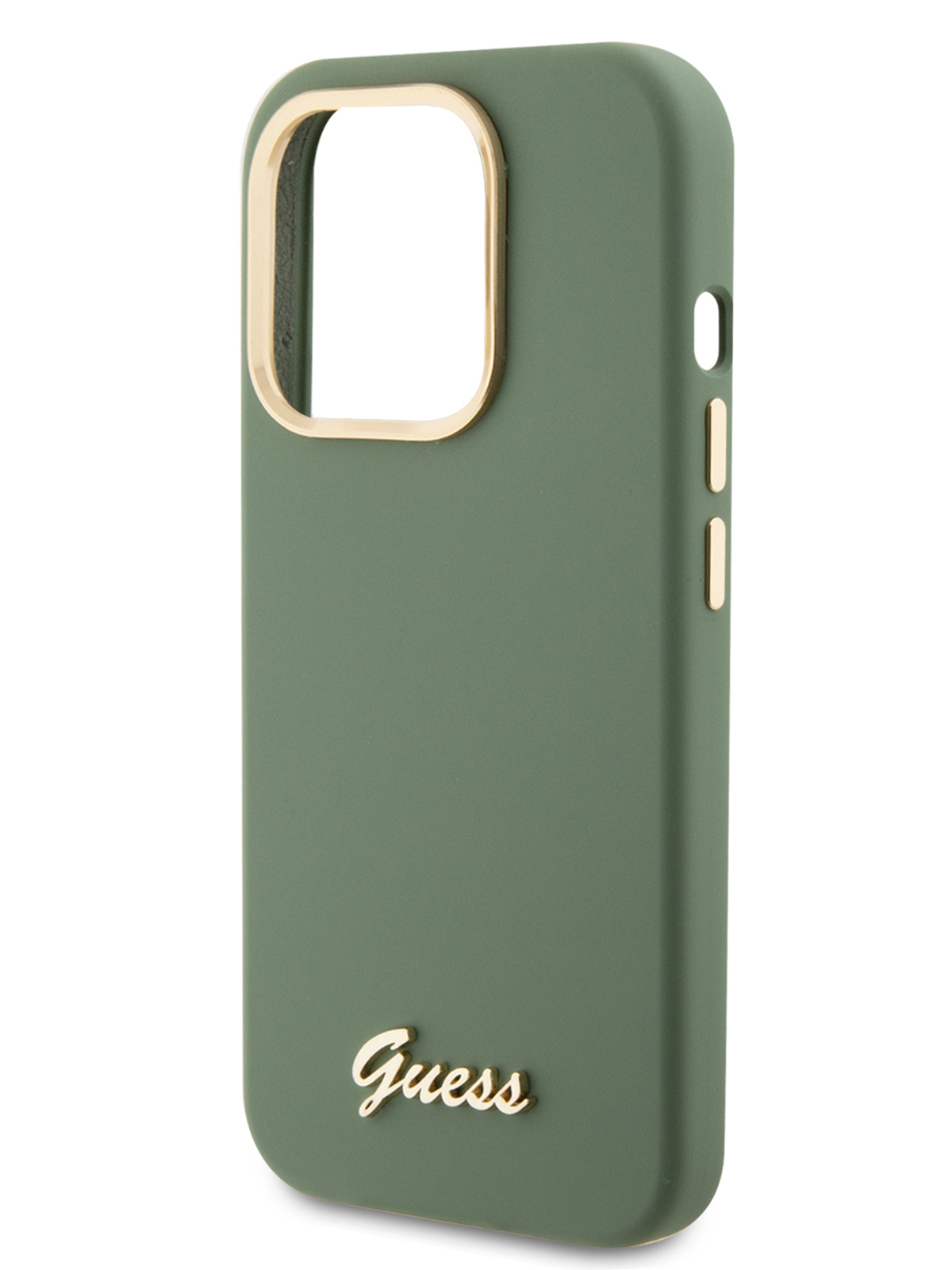 Чехол Guess для iPhone 15 Pro силиконовый Soft-touch Gold metal logo, хаки