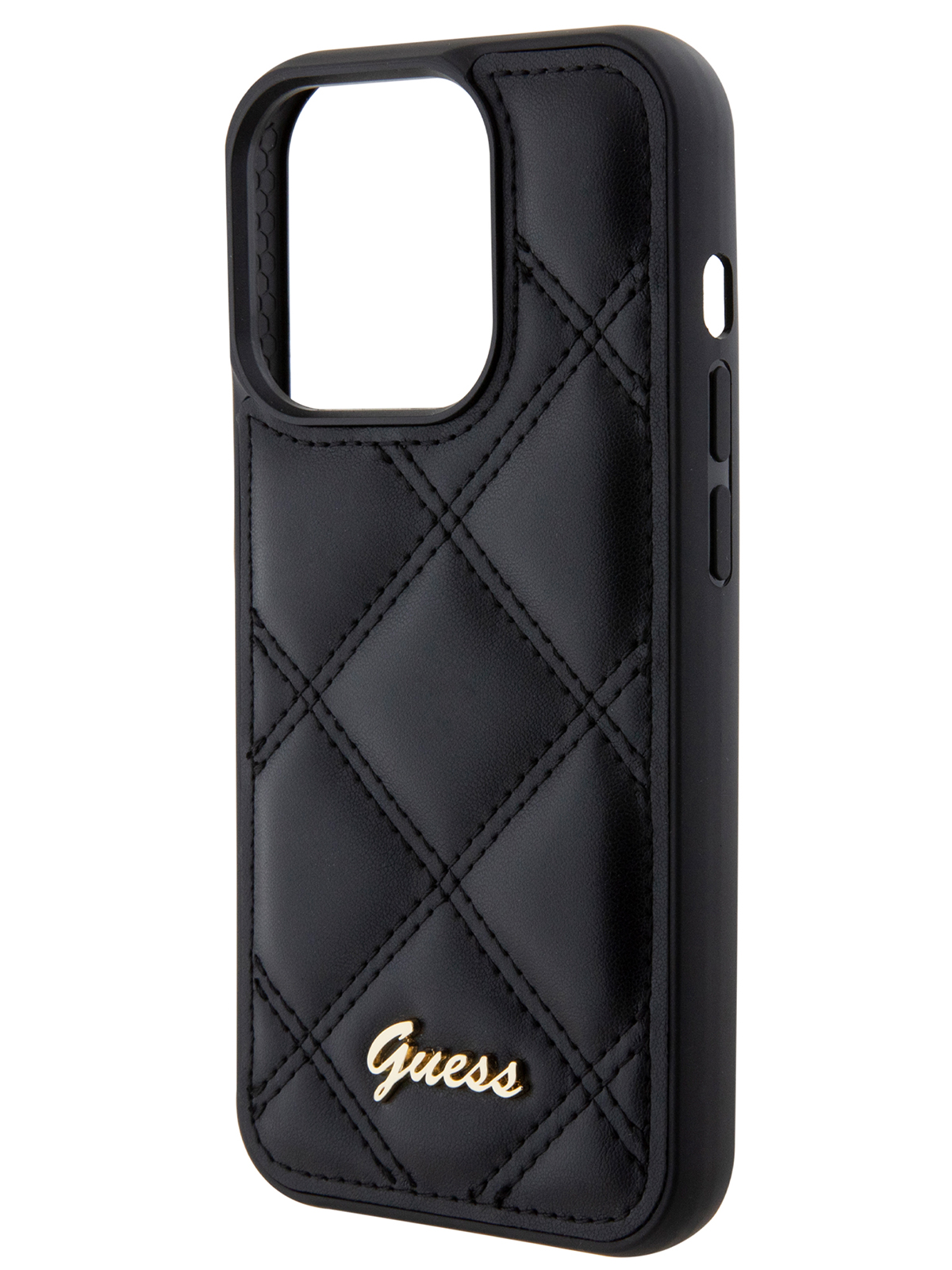 Чехол Guess для iPhone 15 Pro Max из экокожи стеганый Script metal logo, черный