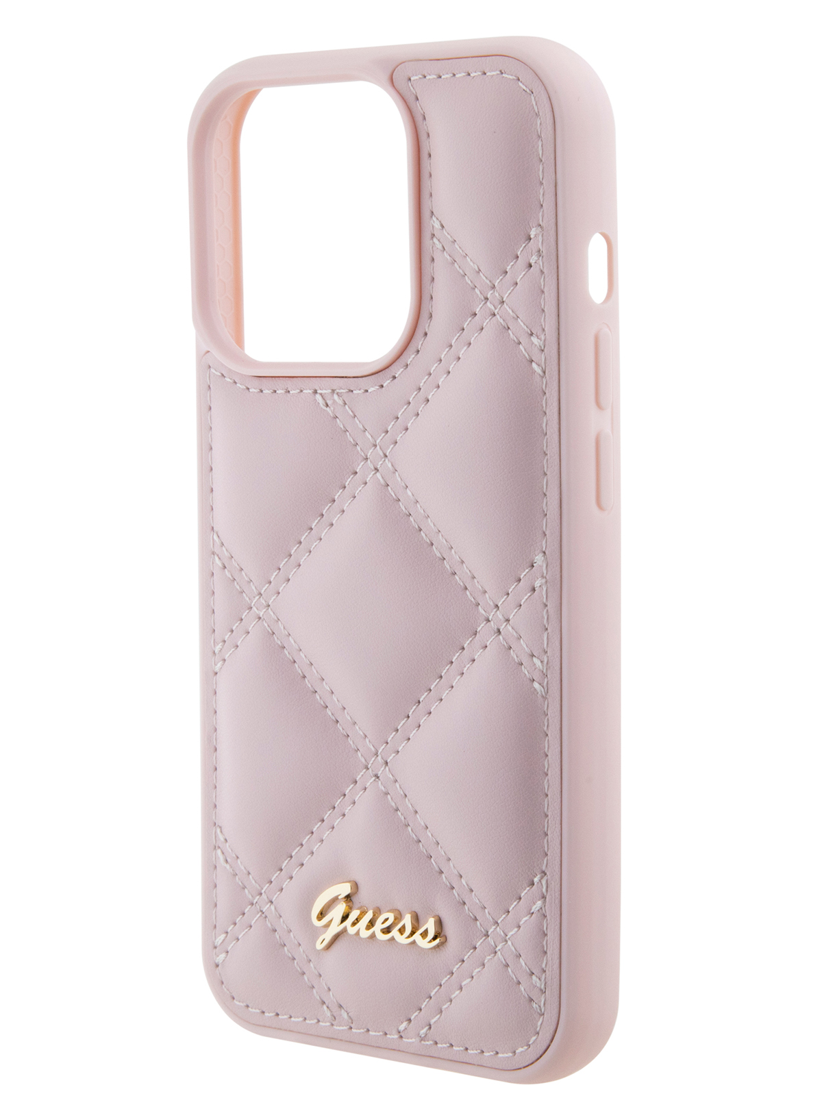 

Чехол Guess для iPhone 15 Pro из экокожи стеганый Script metal logo, розовый