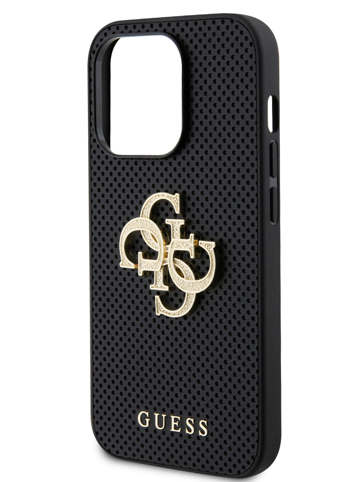 

Чехол Guess для iPhone 15 Pro из экокожи с перфорацией 4G Glitter metal logo, черный