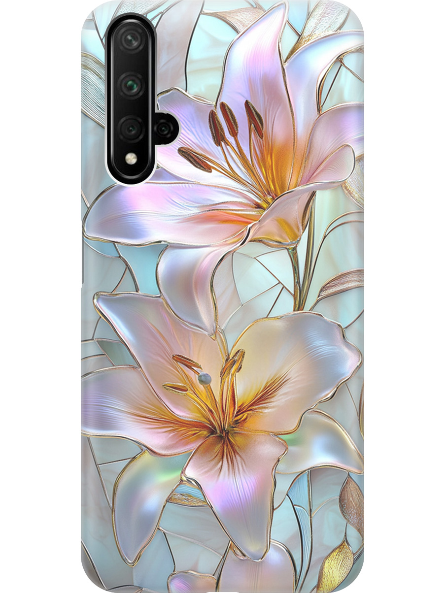 

Силиконовый чехол на Honor 20, Huawei Nova 5T с принтом "Витраж с лилиями", Прозрачный;белый;голубой;розовый, 721508923