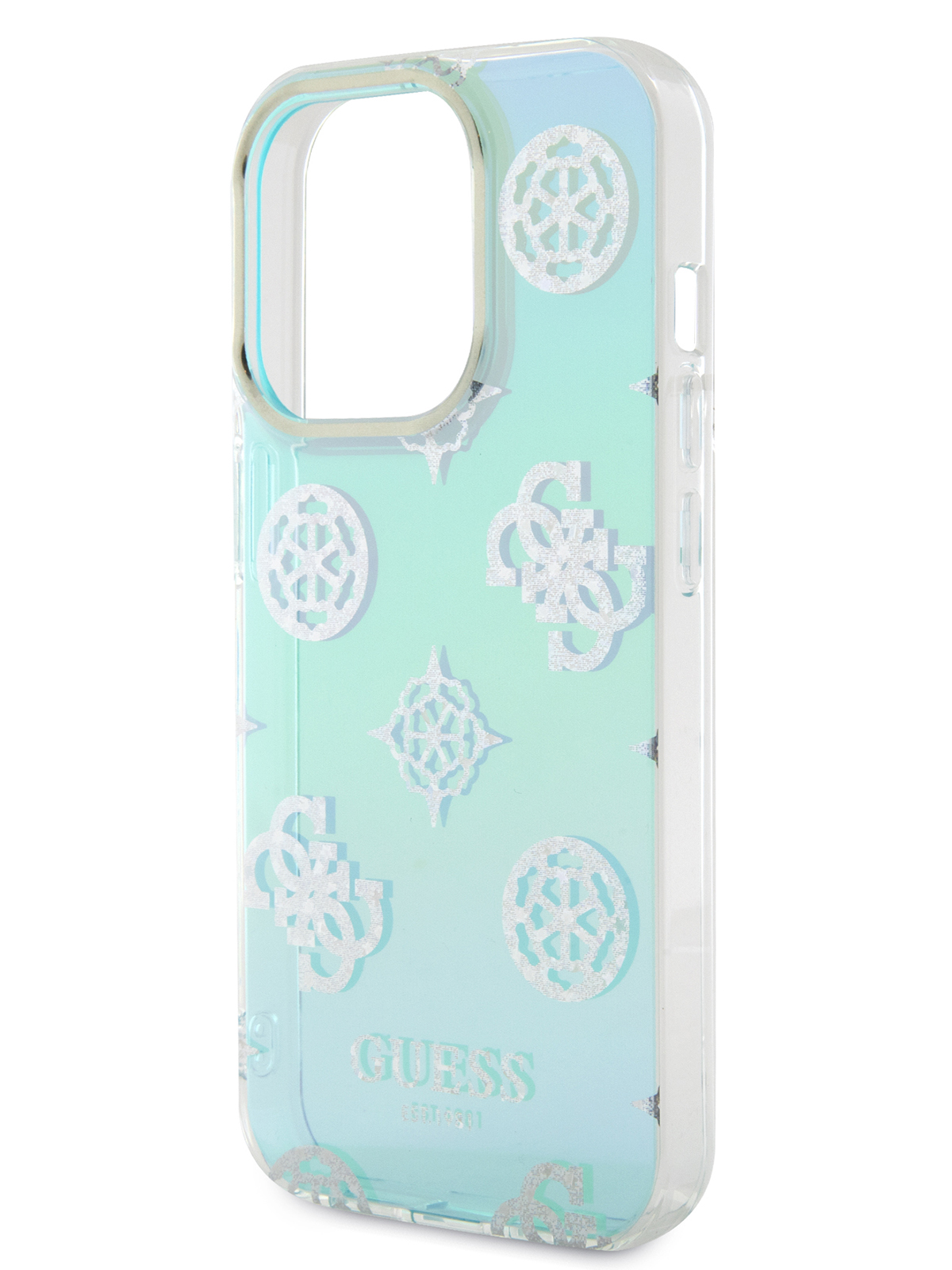 Чехол Guess для iPhone 15 Pro со шнурком на руку Peony glitter, мятный градиент