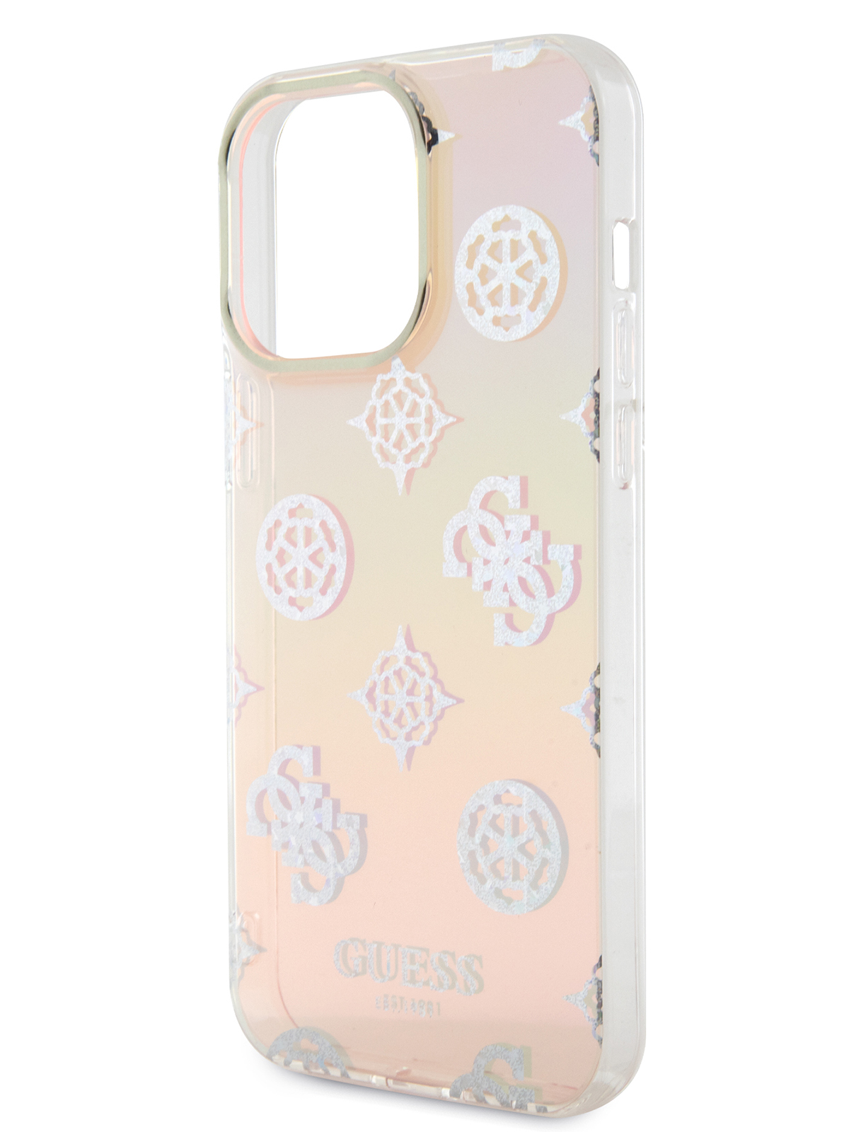 Чехол Guess для iPhone 15 Pro Max со шнурком на руку Peony glitter, розовый градиент