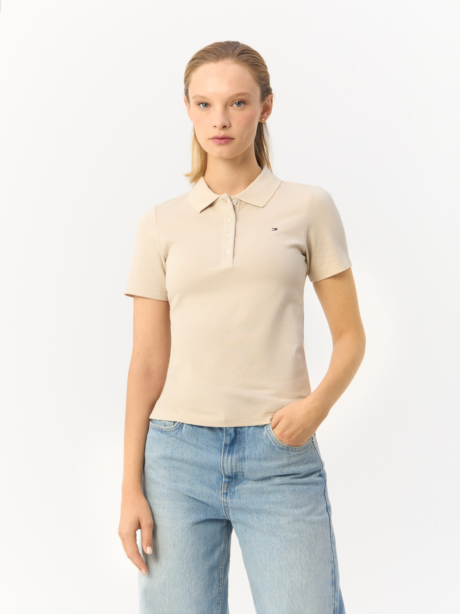 Футболка женская Tommy Hilfiger Slim Embroidery Polo Shirt WW0WW43225 бежевая L