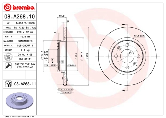 

Тормозной диск brembo передний 259x12 мм 4 отверстия 08a26811