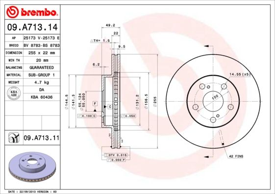 

Тормозной диск brembo передний вентилируемый 255x22 мм 5 отверстий 09a71311
