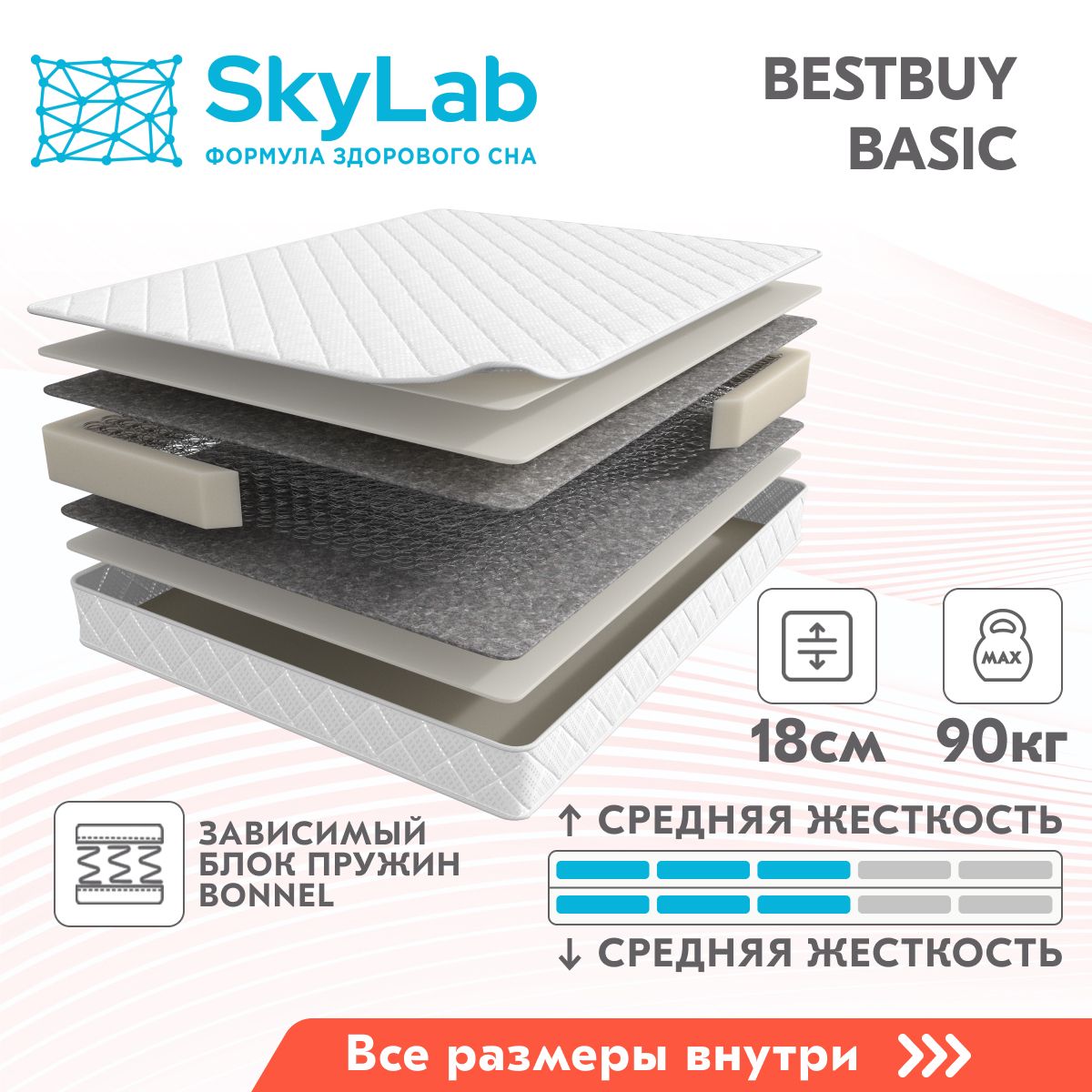 Матрас SkyLab BestBuy Basic, Зависимые пружины, 120х186 см