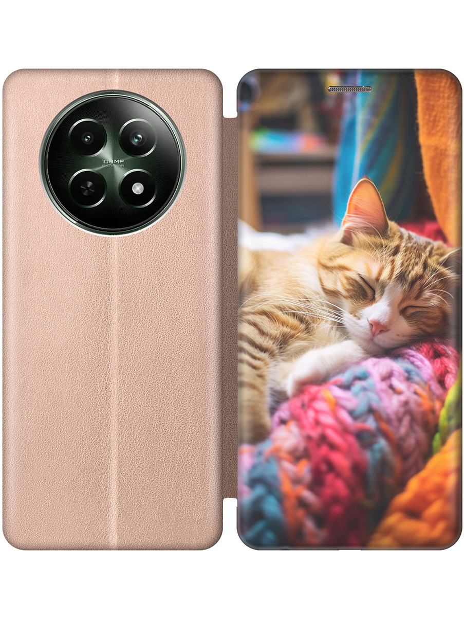 

Чехол-книжка на Realme 12 5g с принтом "Котик на пледе" золотой, 783982611