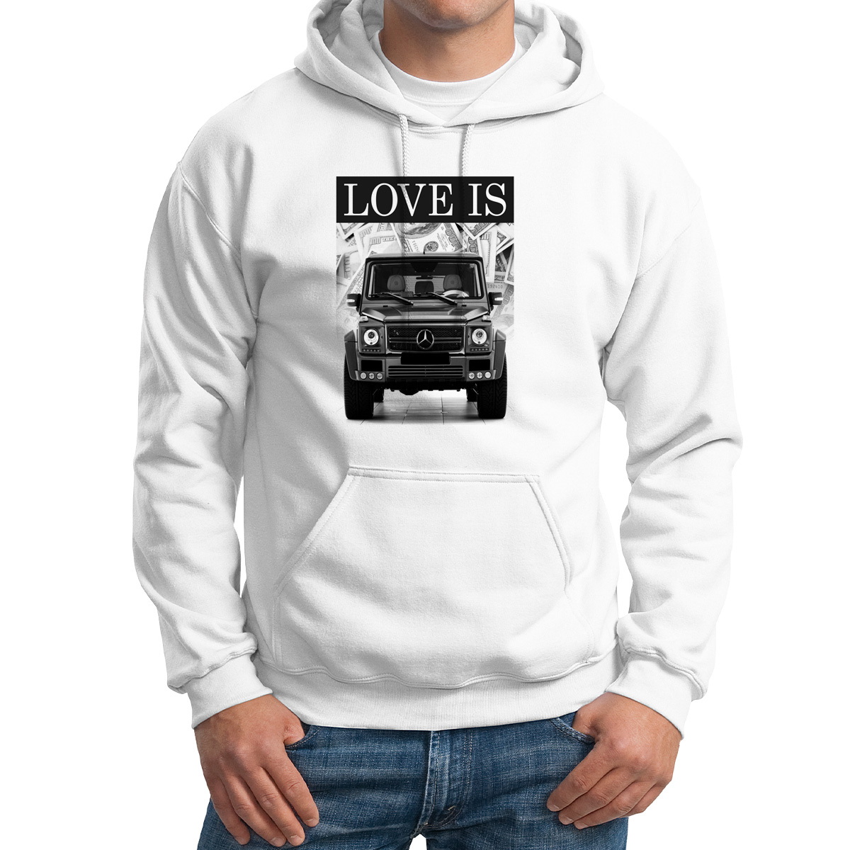 

Худи унисекс CoolPodarok Love is Гелентваген Мерседес белое 58 RU, 8M015113