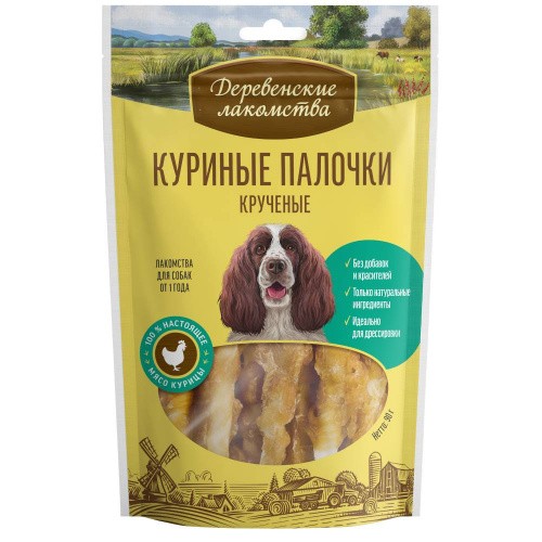 

Лакомство для собак ДЕРЕВЕНСКИЕ ЛАКОМСТВА Куриные палочки крученые 100г, 10 шт