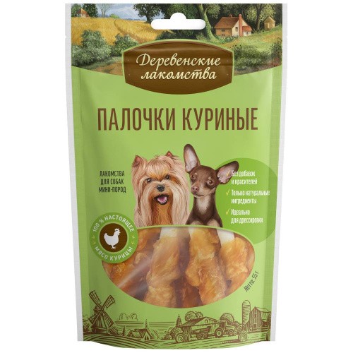 

Лакомство для собак ДЕРЕВЕНСКИЕ ЛАКОМСТВА мини пор.палочки кур 60г, 10 шт