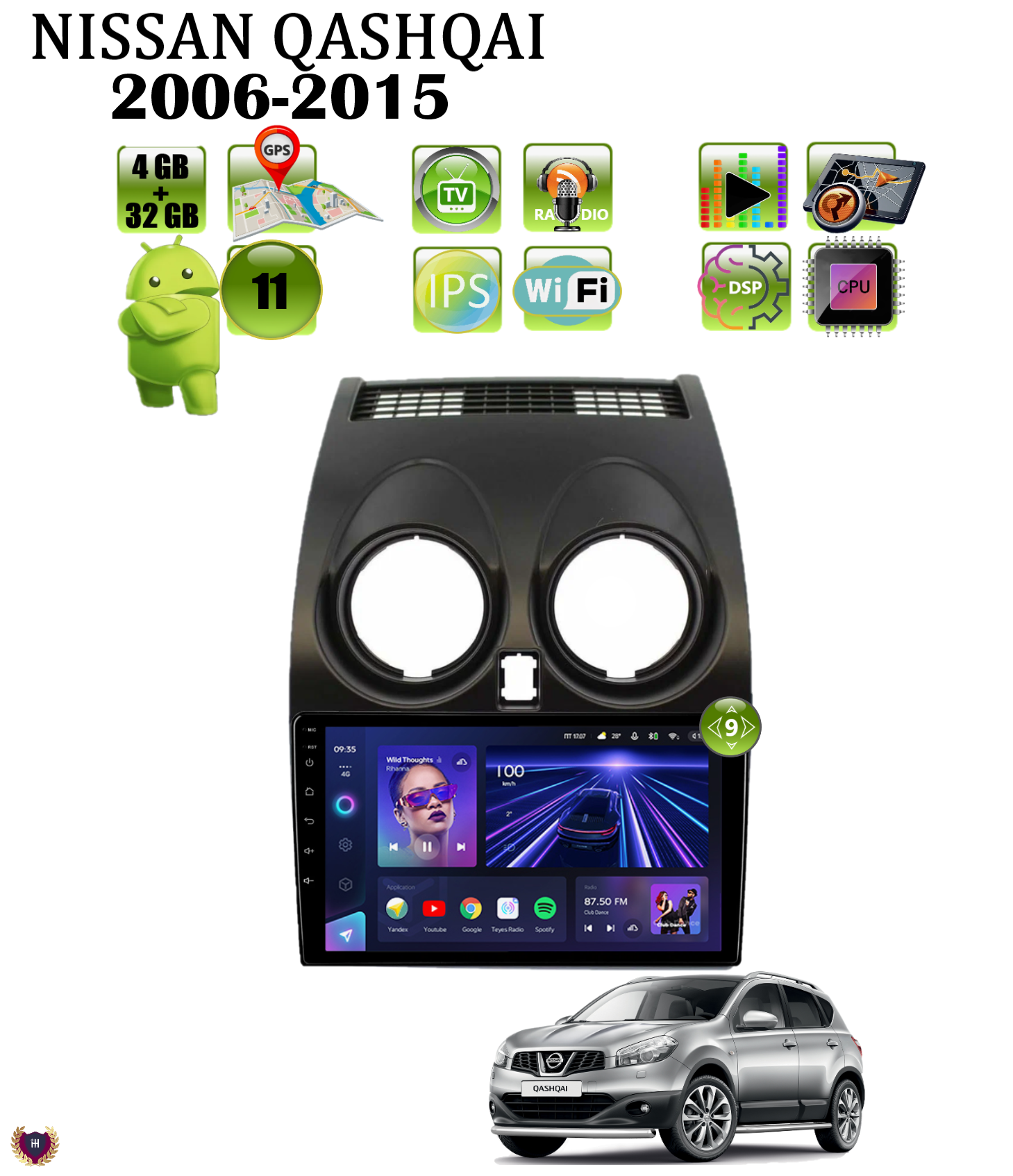 Автомагнитола Podofo для Nissan Qashqai (2006-2015), Android 11, 4/32 Gb, Wi-Fi, GPS, IPS