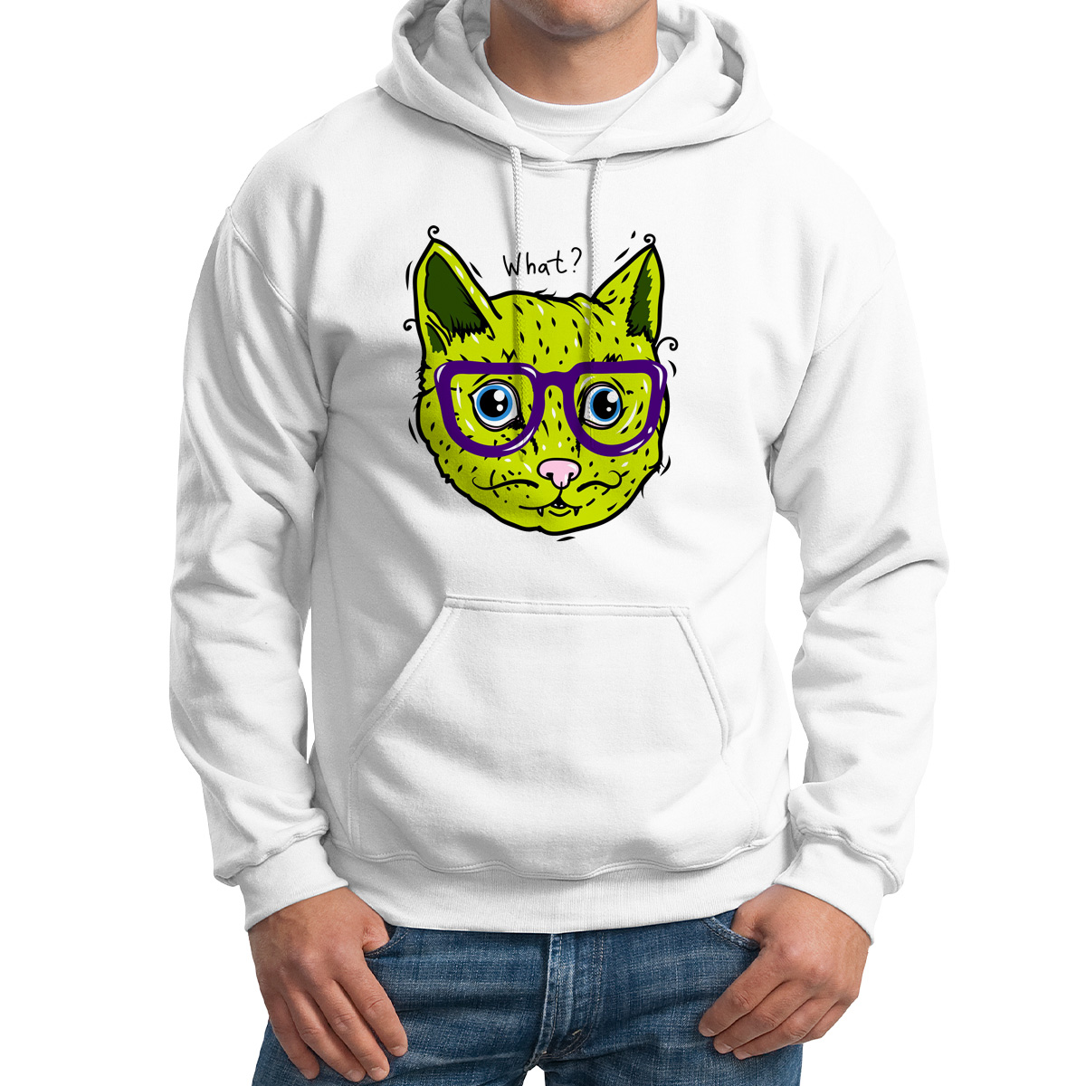

Худи унисекс CoolPodarok Прикол Зеленый кот What белое 58 RU, Белый, M0151397