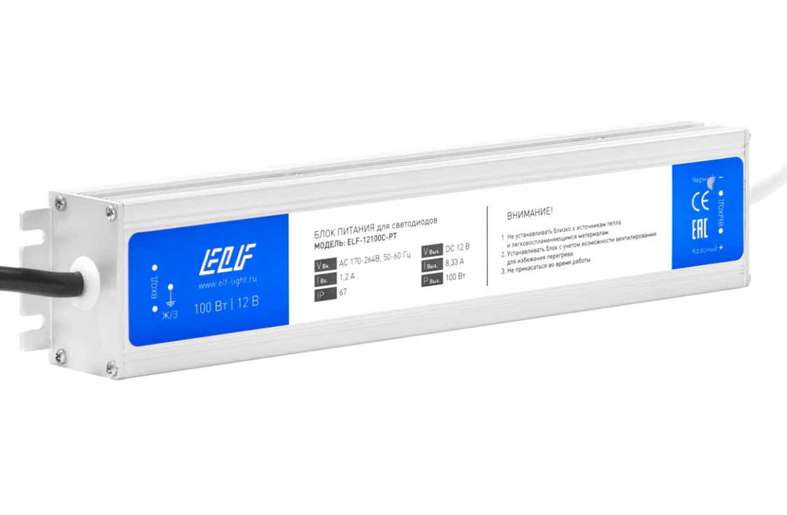 

Герметичный компактный блок питания ELF 12В, 100Вт, металл, IP67 12100С-PT