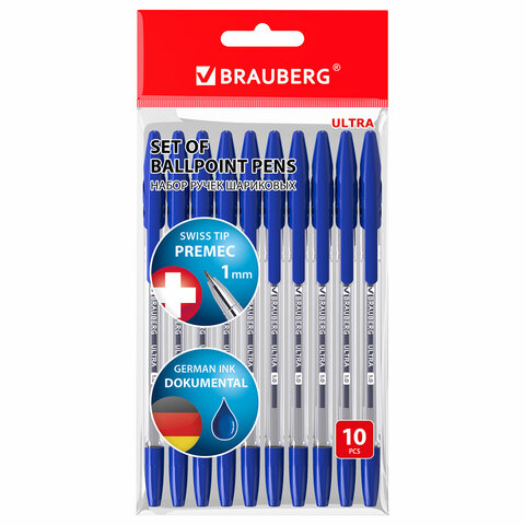 

Ручки шариковые BRAUBERG "ULTRA", СИНИЕ, НАБОР 10 штук, корпус прозрачный, узел 1 мм,