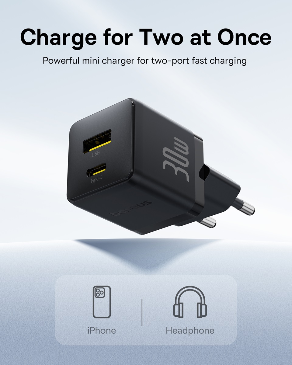 

Сетевое зарядное устройство Baseus 1x USB Type A, 1xUSB Type-C 5 А черный