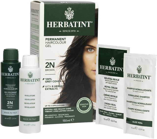 фото Натуральная стойкая гель краска для волос без аммиака herbatint тон 2n коричневый