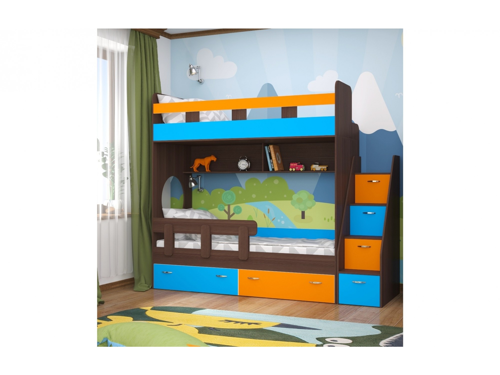 Двухъярусная кровать Юниор 1 (Голубой / Оранжевый, Бодего темный)