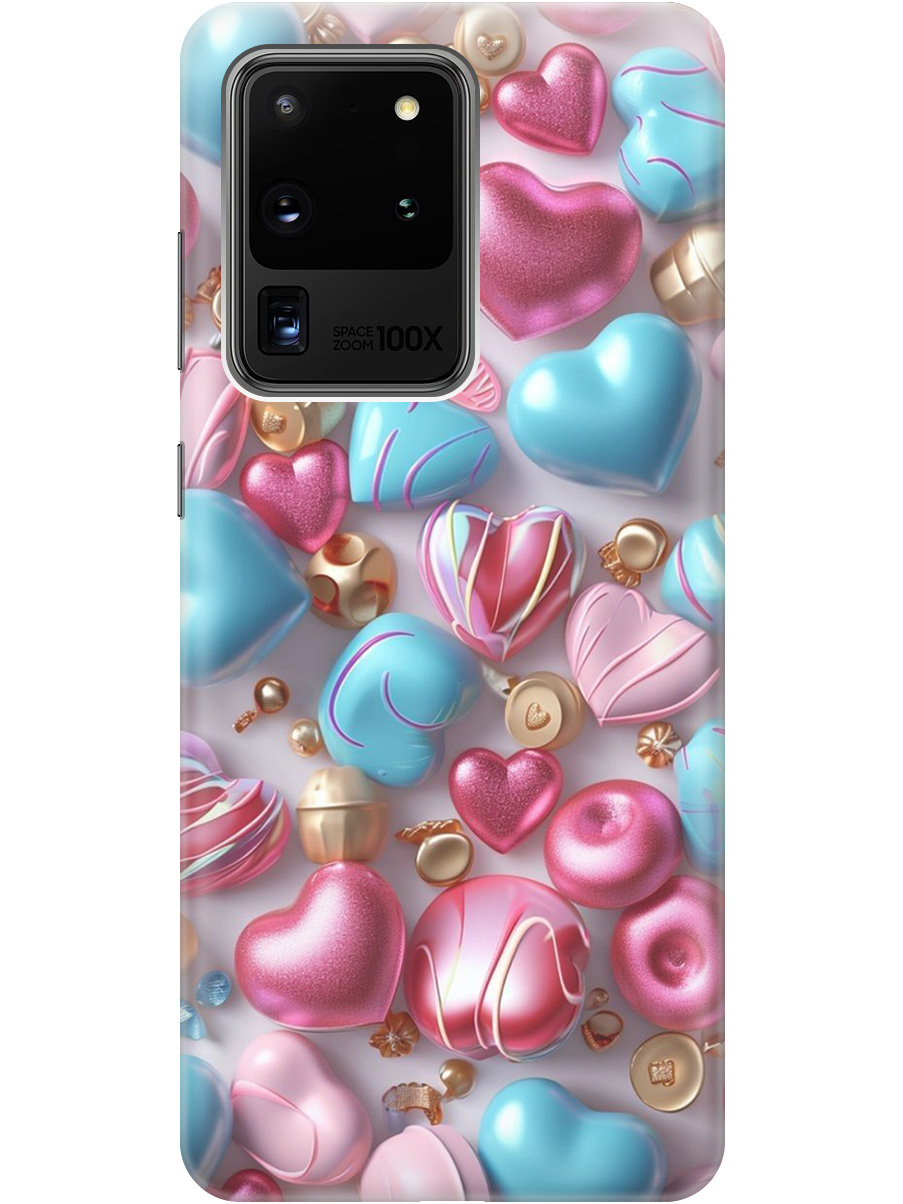 

Силиконовый чехол на Samsung Galaxy S20 Ultra с принтом "Конфеты и сердечки", Прозрачный;голубой;розовый, 722628691