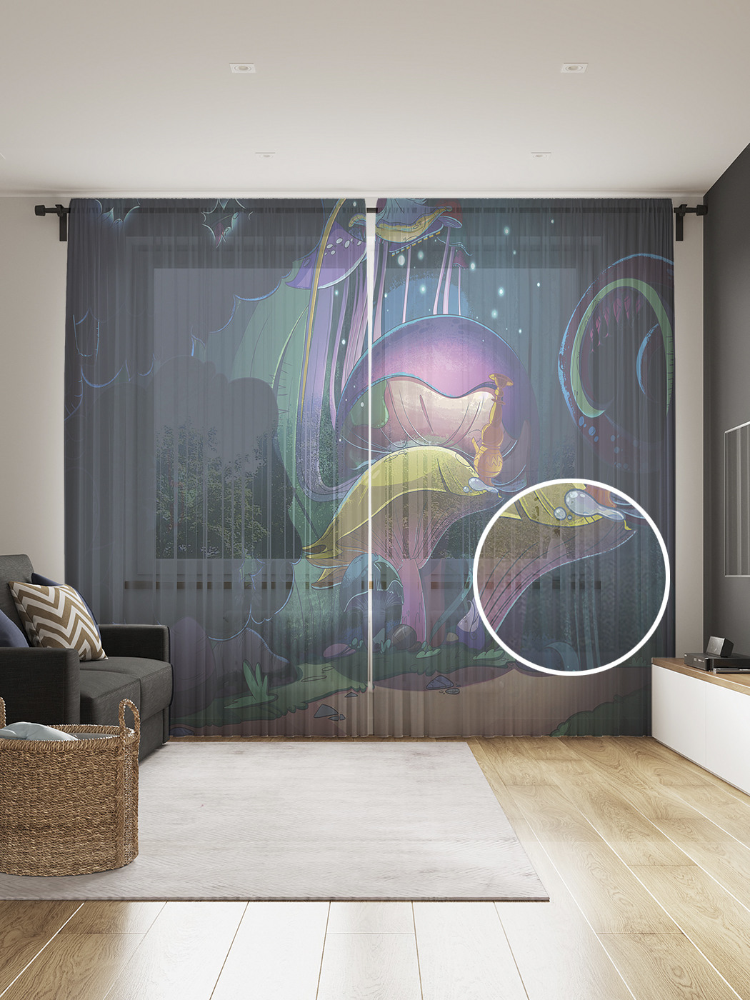 

Фототюль JoyArty "Сказочные грибы", 145x265см (2 полотна со шторной лентой + 50 крючков), Сказочные грибы