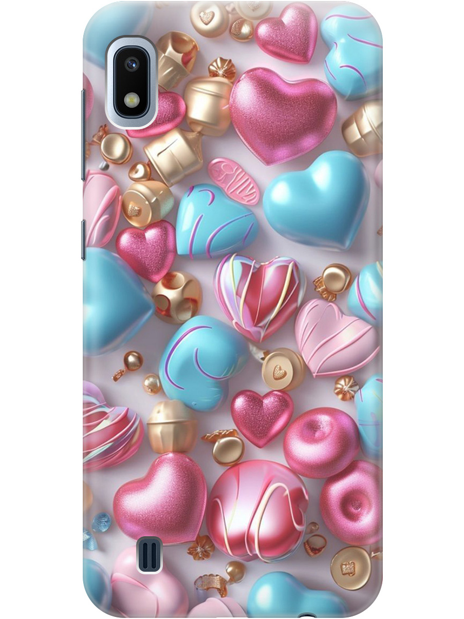 

Силиконовый чехол на Samsung Galaxy A10 с принтом "Конфеты и сердечки", Прозрачный;голубой;розовый, 720804291