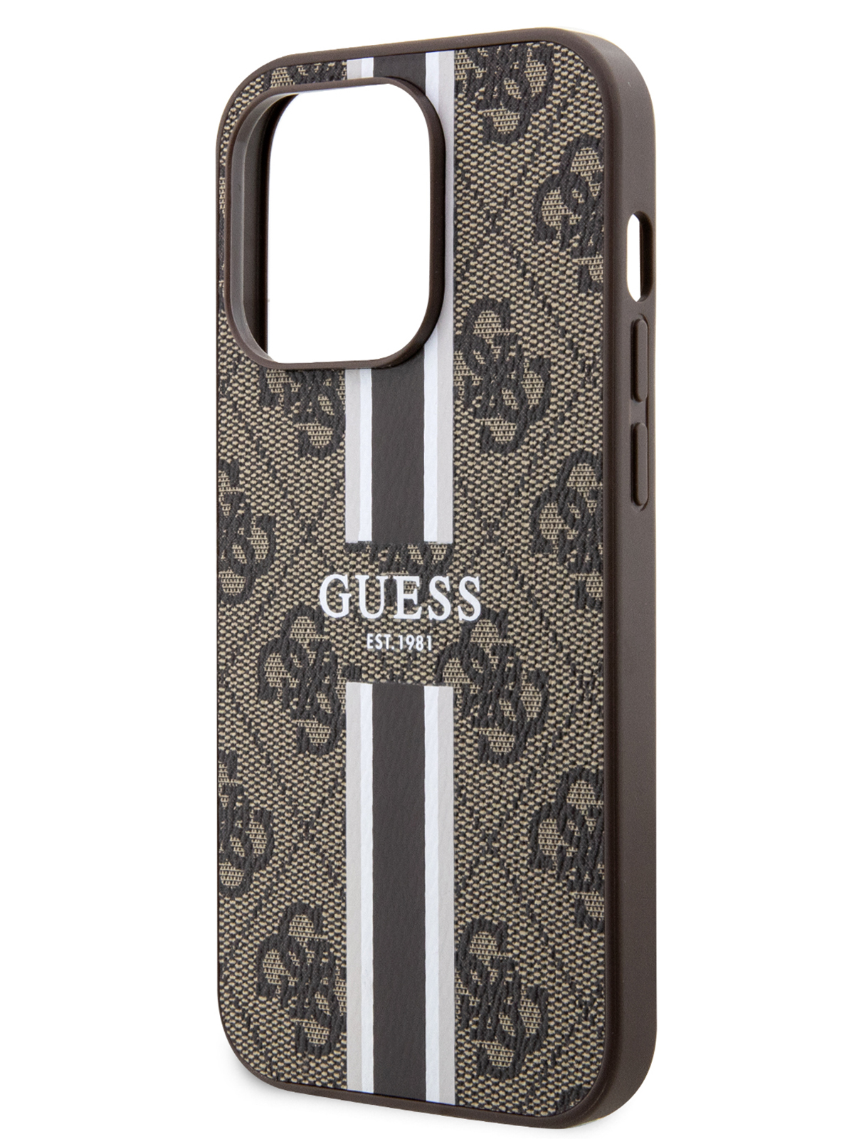 Чехол Guess для iPhone 15 Pro Max с MagSafe и принтом 4G Stripes, коричневый