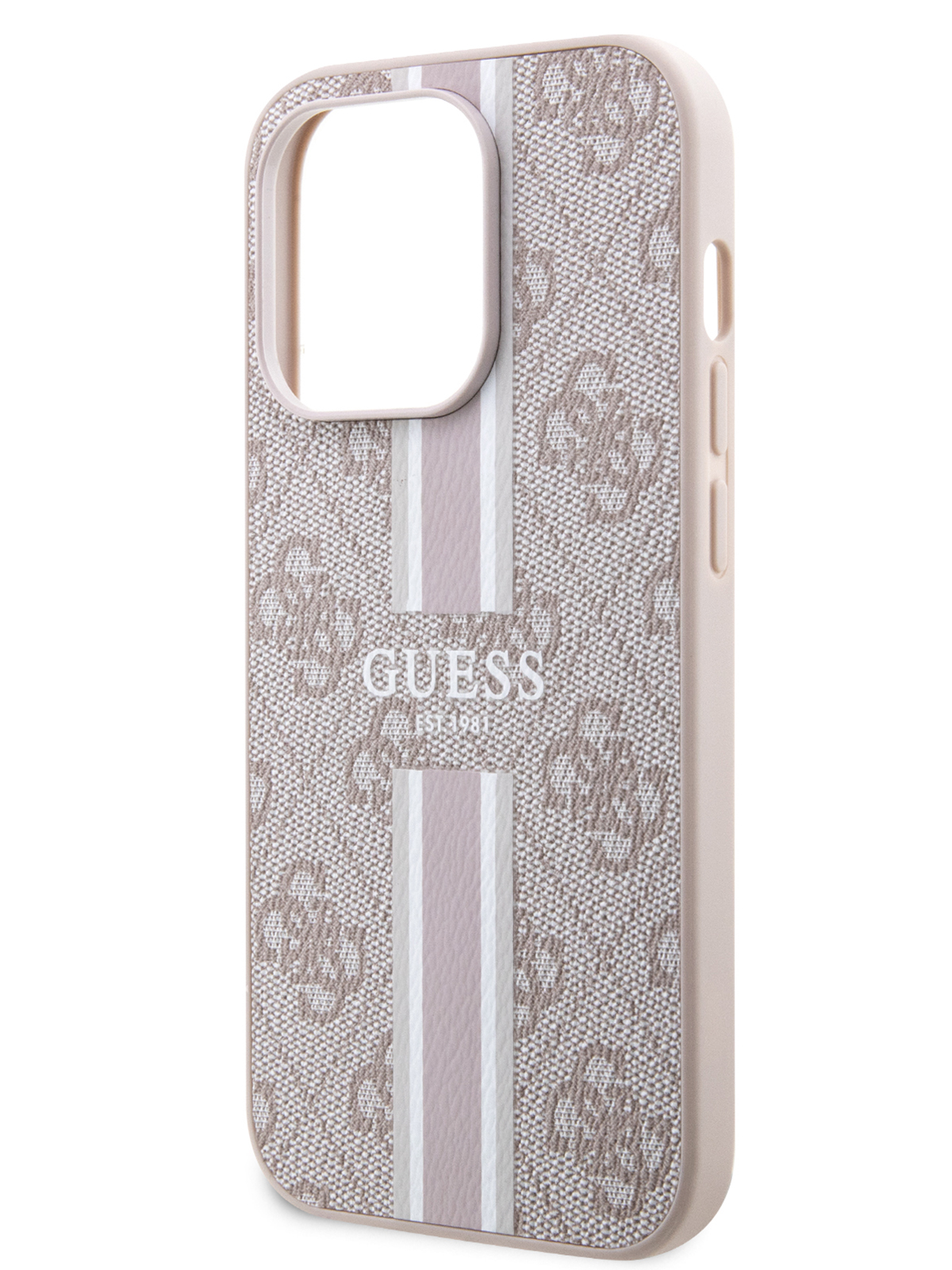 

Чехол Guess для iPhone 15 Pro с MagSafe и принтом 4G Stripes, розовый