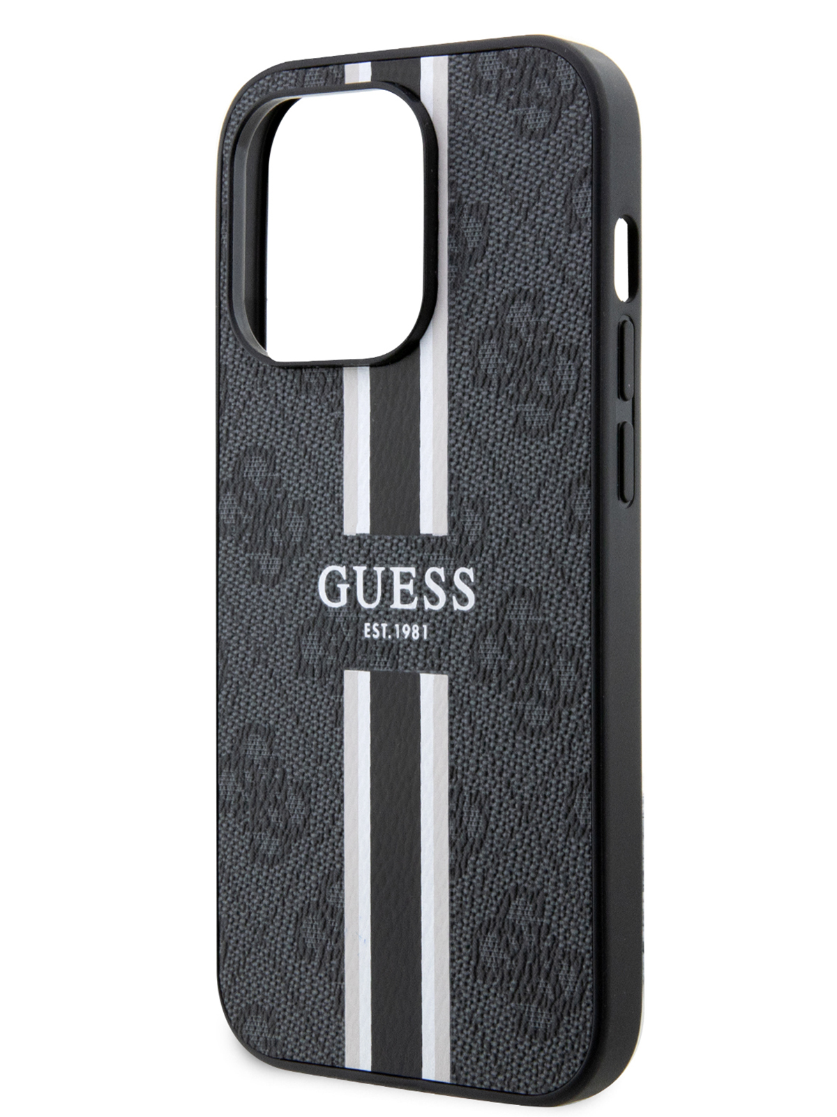 

Чехол Guess для iPhone 15 Pro с MagSafe и принтом 4G Stripes, черный