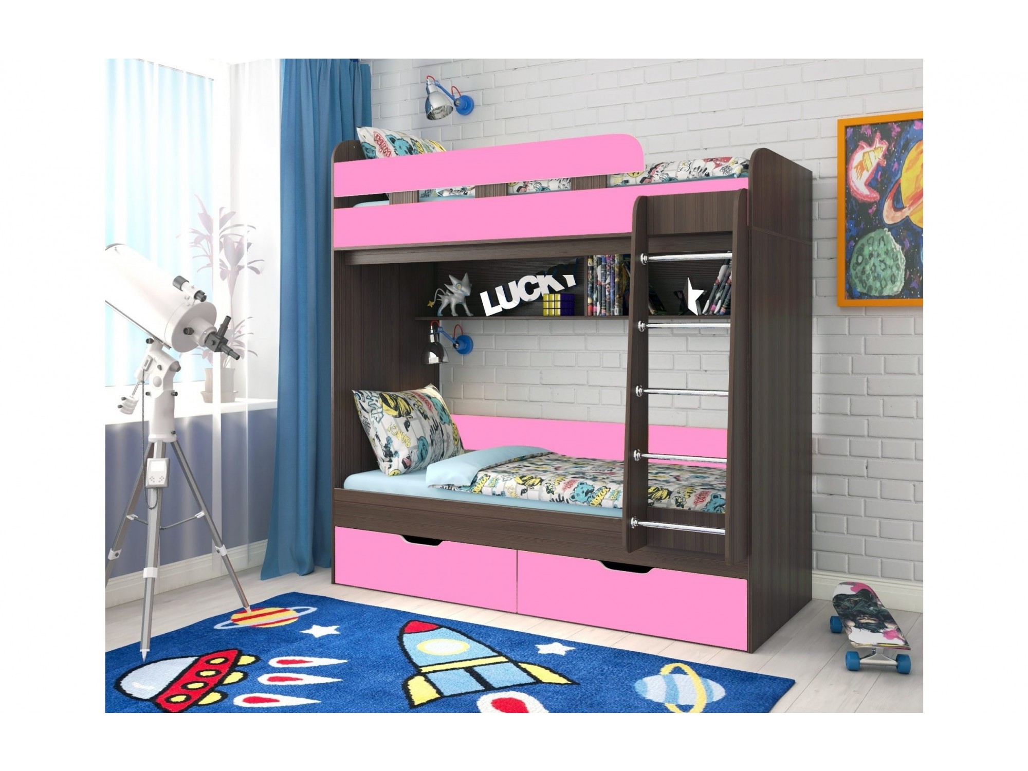 

Двухъярусная кровать Юниор 5 (Розовый, Бодего темный)