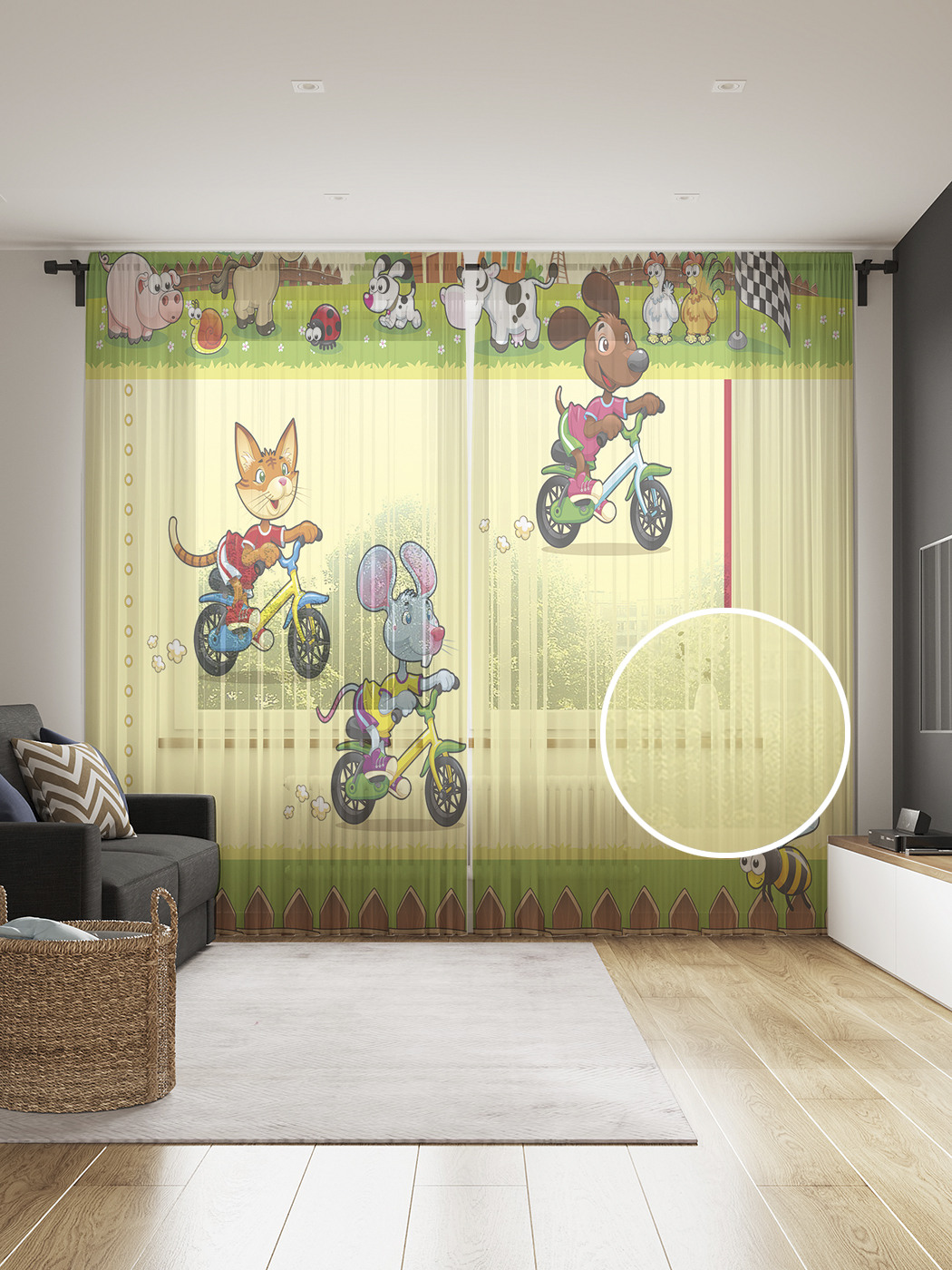 

Фототюль JoyArty "Звери на велосипедах" 145x265см, 2 полотна, лента, 50 крючков, Звери на велосипедах