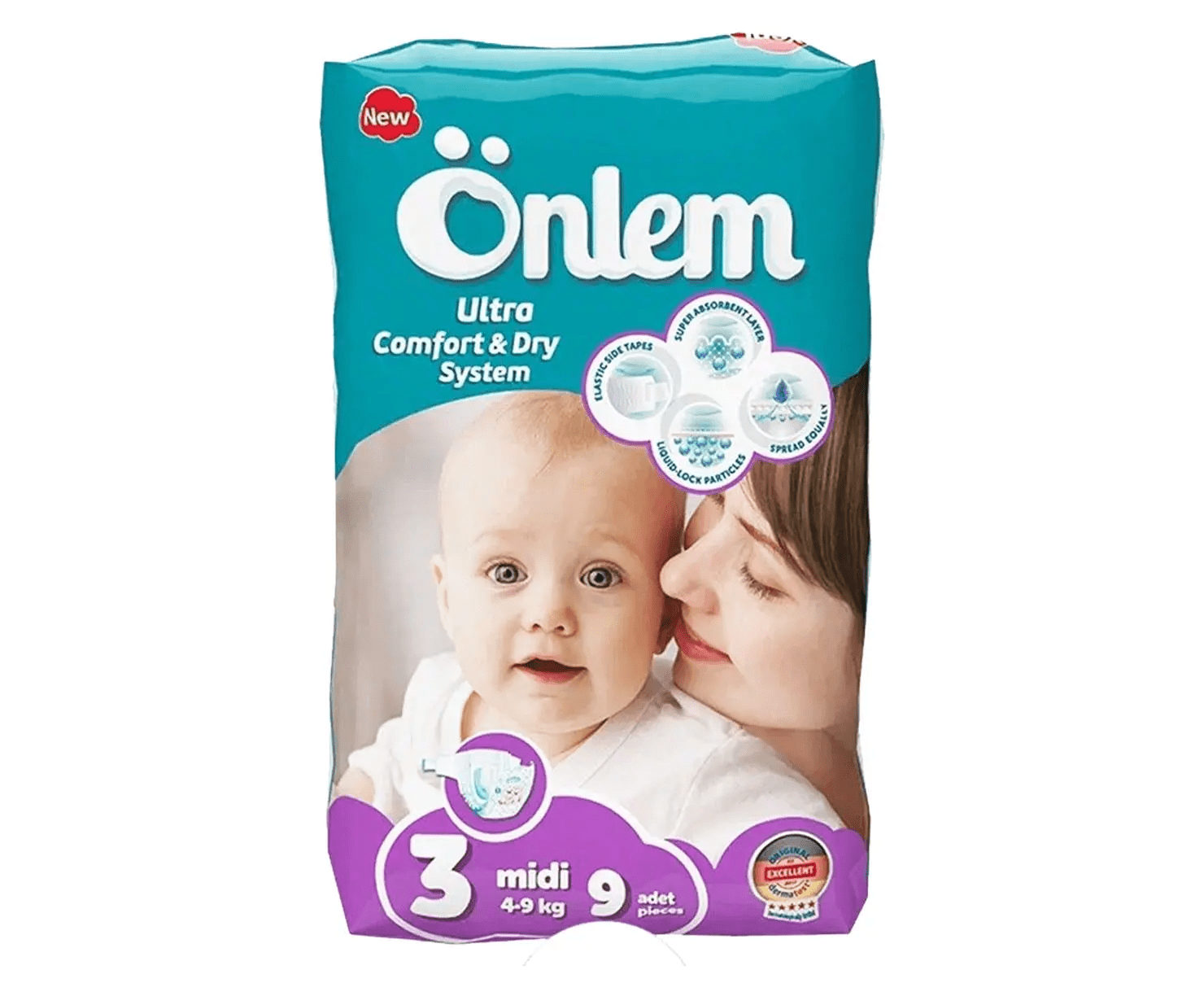 

Подгузники детские Onlem Midi 4-9 кг 9 шт, Midi, 4-9 кг, 9 шт