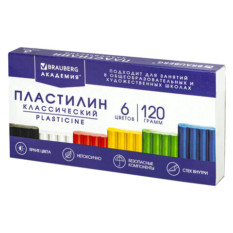 

Пластилин классический BRAUBERG "АКАДЕМИЯ КЛАССИЧЕСКАЯ", 6 цветов, 120 г, СТ, Разноцветный